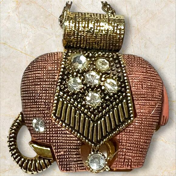 Rose Goldtone Elephant Pendant Necklace 28"  Bling Rhinestones Stars Boho Hippie - Picture 2 of 10